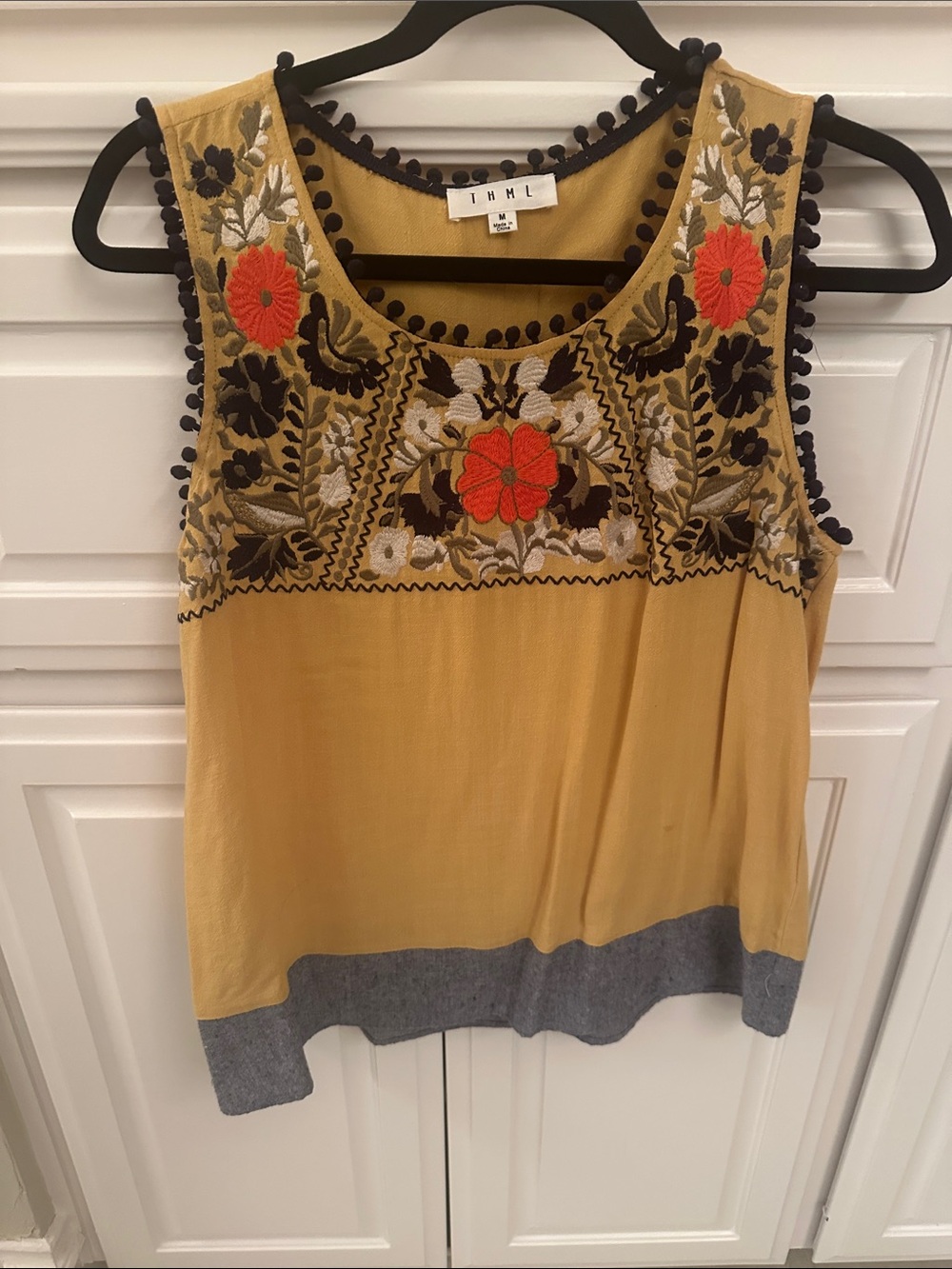 THML Mustard Embroidered Pom-Pom Trim Sleeveless Top with Orange Floral Accents